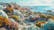 A beautiful painting of a rocky coast with vibrant flowers. Suitable for home decor or nature-themed projects