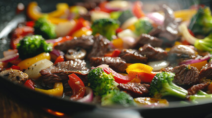 Wall Mural - A stir-fried beef and vegetable dish in a cast iron skillet.