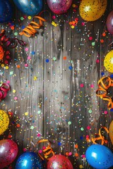 Aufkleber - Festive balloons and confetti on wooden surface, suitable for party themes