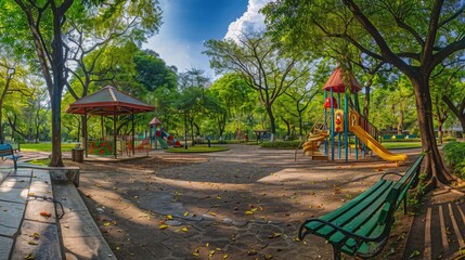 Aufkleber - A park with a play structure and benches, suitable for outdoor activities and recreation