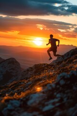 Aufkleber - A man running up a hill at sunset, perfect for outdoor and fitness concepts