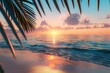 Sand on beach on ocean and sunset sky background, palm tree