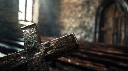 Aufkleber - A wooden cross positioned in front of a window. Ideal for religious themes or spiritual concepts