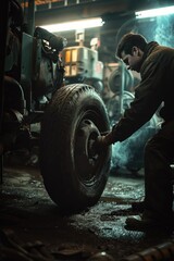 Poster - A man working on a tire in a garage. Great for automotive industry promotions