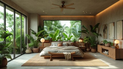 Wall Mural - A contemporary bedroom with large windows showcasing lush greenery, wooden accents, and indoor plants creating a tranquil atmosphere