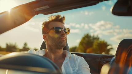 Poster - A man sitting in the driver's seat of a car. Suitable for transportation concepts