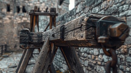 Poster - Close up of a wooden structure near a stone wall. Perfect for architectural design projects