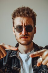Poster - A man in a denim jacket and sunglasses pointing. Suitable for business or communication concepts