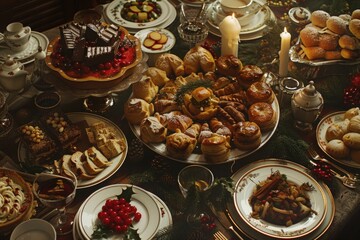 Poster - A table filled with plates of food and a candle. Perfect for restaurant menus or food blogs