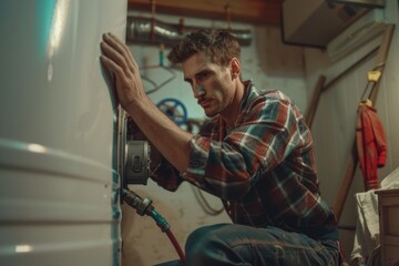 Poster - A man working on a water heater in a garage. Suitable for home improvement projects