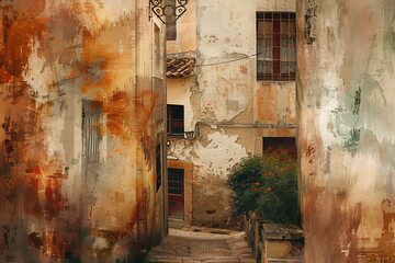 An abstract background that reflects the charm and elegance of Spanish style. The image features a mix of warm colors and rustic textures