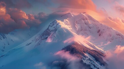 Aufkleber - A mountain covered in snow and clouds, under a cloudy sky. Ideal for travel and nature concepts