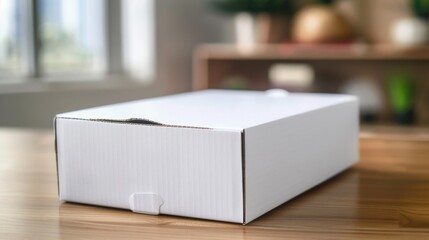 Poster - A white box placed on a wooden table, suitable for various concepts