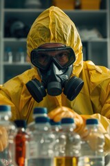 Poster - A man wearing a yellow hazmat suit and gas mask. Suitable for science and medical concepts