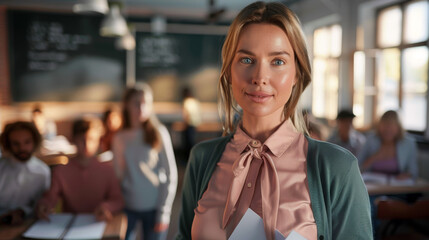 Canvas Print - A smiling woman with glasses stands in front of a classroom full of seated students.