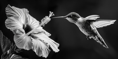 Poster - A black and white photo of a hummingbird feeding on a flower. Suitable for nature and wildlife themes