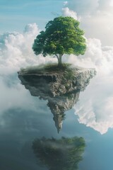 Poster - A tree standing on a floating island in the sky. Perfect for fantasy concepts