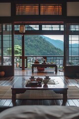Poster - A cozy living room with a stunning mountain view. Perfect for interior design projects