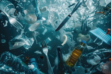 Poster - Plastic utensils floating in water, suitable for environmental awareness campaigns