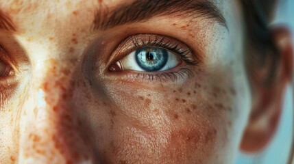Poster - Close-up shot of a woman's eyes with freckles. Ideal for beauty and skincare concepts