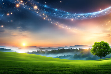  sunrise over the green meadow field with dreamlike galaxy sky, abstract nature banner wallpaper design