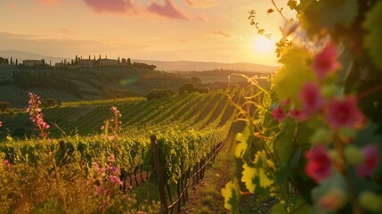 Poster - Beautiful sunset over a vineyard field, perfect for wine industry promotions