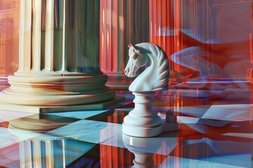 Poster - A white horse figurine on a chess board. Ideal for strategy and competition concepts
