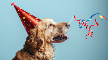 Poster - A dog wearing a party hat holds a ribbon streamer in its mouth.