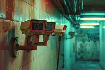 Poster - A row of surveillance cameras mounted on a wall. Perfect for security concepts