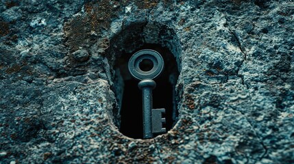 Poster - A key sticking out of a hole in a rock. Suitable for concepts related to discovery and mystery