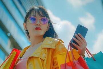 Poster - A woman in a yellow jacket holding shopping bags and a cell phone. Ideal for retail or technology concepts