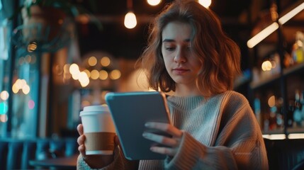 Aufkleber - Woman sitting at a table using a tablet computer. Suitable for technology and lifestyle concepts