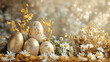 A vibrant Easter background featuring an array of colorful Easter eggs nestled among blooming spring flowers, creating a festive and joyful atmosphere symbolic of renewal and celebration.