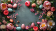 A vibrant Easter background featuring an array of colorful Easter eggs nestled among blooming spring flowers, creating a festive and joyful atmosphere symbolic of renewal and celebration.