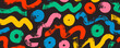 Colorful seamless pattern with marker drawn bold doodle lines and circles. Childish style banner background with squiggles, dots.