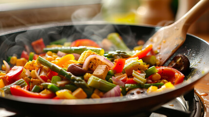 Wall Mural - A stir-fried beef and vegetable dish in a cast iron skillet.