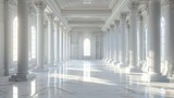Fototapeta Perspektywa 3d - 3d illustration Empty white long room with big columns building background. AI generated image