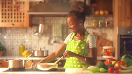 Poster - A smiling woman is chopping vegetables in a sunny kitchen.