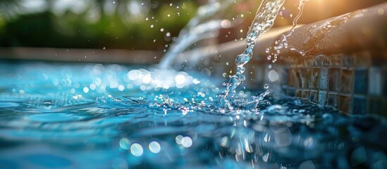 A close-up view of a pool being filled with water pouring out from a hose, creating ripples and splashes in the pool.