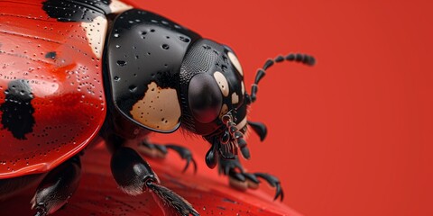 close up of a red ladybird with black spots isolated on red background