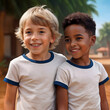 Portrait of two boys wearing matching t-shirts