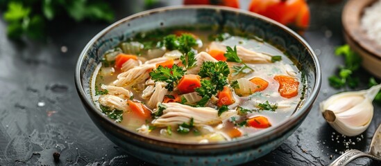 Wall Mural - A bowl filled with delicious and savory chicken soup, garnished with carrots and parsley.