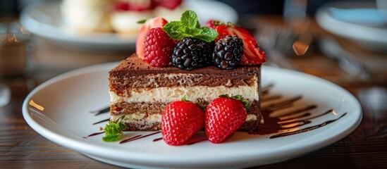 Wall Mural - A slice of cake topped with fresh berries sits on a white plate, creating a mouth-watering dessert.