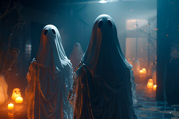 Three white ghosts stand in a dark room with candles