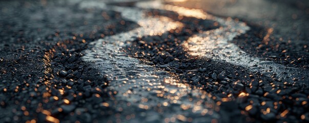 Close-up of asphalt paving machine tracks with detailed texture