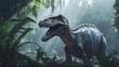 Prehistoric Dinosaur Roaming Through Dense Jungle Environment In The Rain