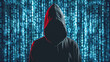 Mysterious Hooded Figure in Binary Code Background