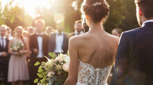 A bride holding a bouquet faces the groom with bridesmaids in the background.