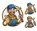 Fototapeta  - Mascot design of a handyman cartoon character holding a hammer and doing a thumb up,