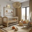 © Zhanna - A modern nursery featuring a wooden crib, soft neutral tones, and plush toys, creating a serene and inviting atmosphere for a baby.